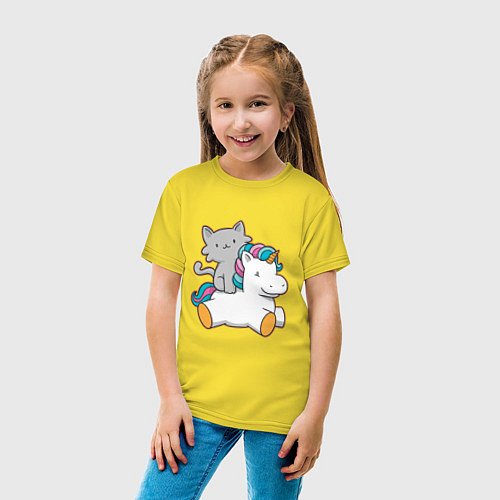 Детская футболка Котёнок верхом на единороге / Желтый – фото 4