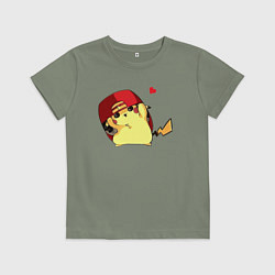 Футболка хлопковая детская Пикачу под бейсболкой, цвет: авокадо