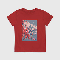 Футболка хлопковая детская Цветение Сакуры на фоне Фудзи, цвет: красный