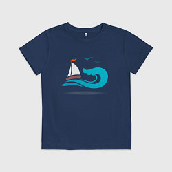 Футболка хлопковая детская Кораблик и чайки, цвет: тёмно-синий