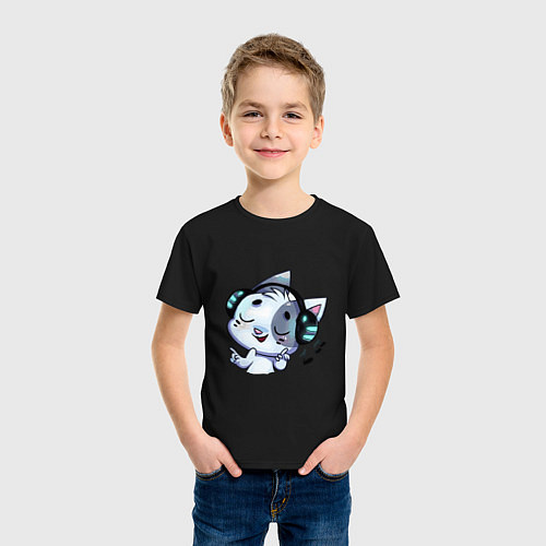 Детская футболка Котик в наушниках / Черный – фото 3