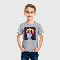 Футболка хлопковая детская Synthwave cat, цвет: меланж — фото 2