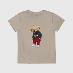 Футболка хлопковая детская Крутой медвежонок в спортивках, цвет: миндальный