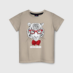 Футболка хлопковая детская Белый тигр в красных очках, цвет: миндальный