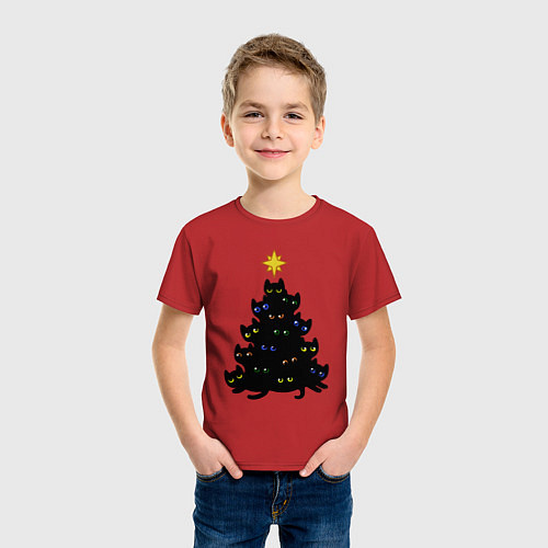 Детская футболка НовоКОТняя елка / Красный – фото 3
