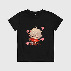 Футболка хлопковая детская Маленький Казуха ест геншин импакт, цвет: черный