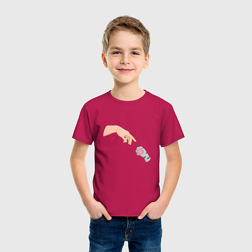 Детская футболка Сотворение Адама и серая лапка котика / Маджента – фото 3