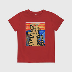Футболка хлопковая детская Орущий кот пародия на Крик Мунка, цвет: красный