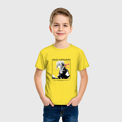 Футболка хлопковая детская Вайолет Эвергарден в квадрате с иероглифами, цвет: желтый — фото 2