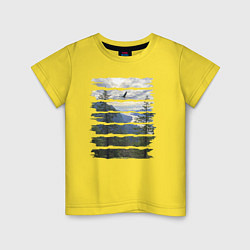 Футболка хлопковая детская Горы, небо и птицы, цвет: желтый