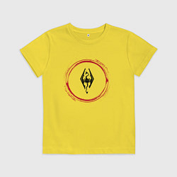 Футболка хлопковая детская Символ Skyrim и красная краска вокруг, цвет: желтый