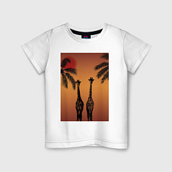 Футболка хлопковая детская Жирафы и пальмы на закате, цвет: белый
