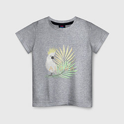 Футболка хлопковая детская Белый попугай с хохолком на фоне листьев пальмы, цвет: меланж