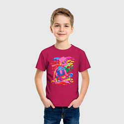 Футболка хлопковая детская Барт Симпсон - крутой скейтер - разноцветные клякс, цвет: маджента — фото 2