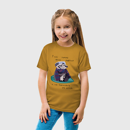 Детская футболка Котик в шарфе и кепке / Горчичный – фото 4