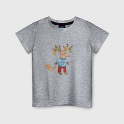 Футболка хлопковая детская Рождественский олень с санями, цвет: меланж