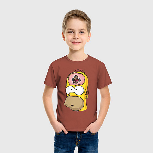 Детская футболка Мартышка бьёт в тарелки в голове Гомера Симпсона / Кирпичный – фото 3