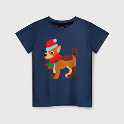 Футболка хлопковая детская Праздничная собачка в шапке и шарфике, цвет: тёмно-синий