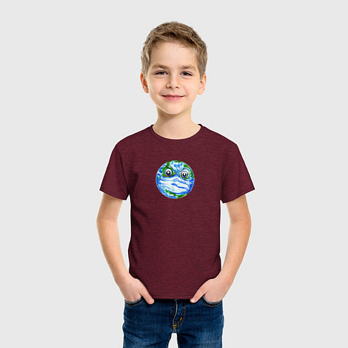 Детская футболка Злая планета Земля в маске рисунок / Меланж-бордовый – фото 3