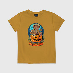 Футболка хлопковая детская Halloween - Мишка на тыкве, цвет: горчичный