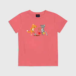 Футболка хлопковая детская Кошечки сажают дерево, цвет: коралловый