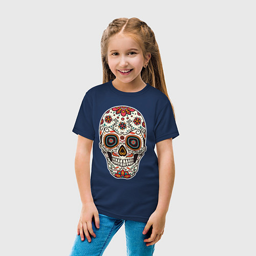 Детская футболка Череп с листьями, ветками и узорами / Тёмно-синий – фото 4