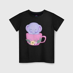 Футболка хлопковая детская Милый слонёнок внутри чашки с цветами, цвет: черный