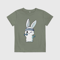 Футболка хлопковая детская Прикольный зайчишка пауэрлифтер, цвет: авокадо