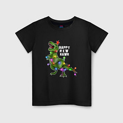 Футболка хлопковая детская Новогодний динозавр елочка гори, цвет: черный