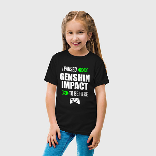 Детская футболка I paused Genshin Impact to be here с зелеными стре / Черный – фото 4