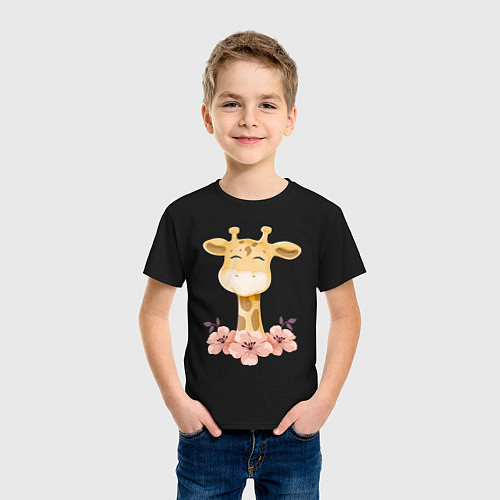 Детская футболка Милый жираф с цветими / Черный – фото 3
