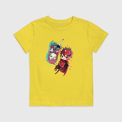 Футболка хлопковая детская Повелитель тьмы на подработке - Сатана и Эми, цвет: желтый