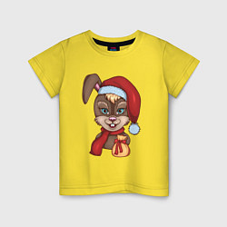 Футболка хлопковая детская Кролик новогодний в шапке Деда Мороза с подарком, цвет: желтый