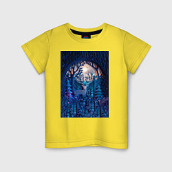 Футболка хлопковая детская Объемная иллюстрация из бумаги лес и олень на сине, цвет: желтый