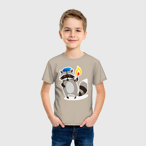 Детская футболка Боевой енот со спичкой / Миндальный – фото 3