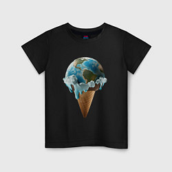 Футболка хлопковая детская Земля в виде таящего шарика мороженого на рожке, цвет: черный