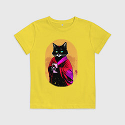 Футболка хлопковая детская Бомбейская черная кошка с телефоном в лапках, цвет: желтый