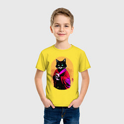 Футболка хлопковая детская Бомбейская черная кошка с телефоном в лапках, цвет: желтый — фото 2