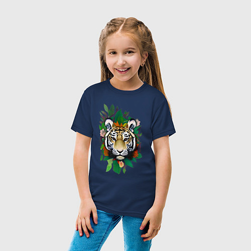 Детская футболка Голова Тигра среди листьев и цветов, Тигр символ 2 / Тёмно-синий – фото 4