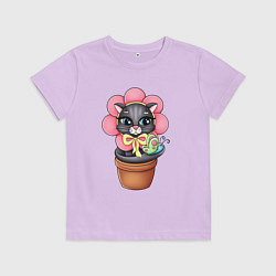Футболка хлопковая детская Кошка цветок, цвет: лаванда