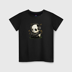 Футболка хлопковая детская Милая панда слушает музыку, цвет: черный