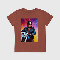 Футболка хлопковая детская Джонни Депп на мотоцикле - нейросеть, цвет: кирпичный