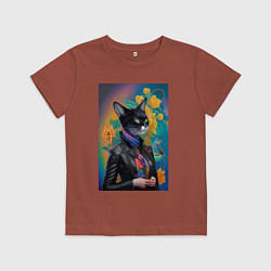 Футболка хлопковая детская Чёрная модница в кожаной куртке - нейросеть, цвет: кирпичный