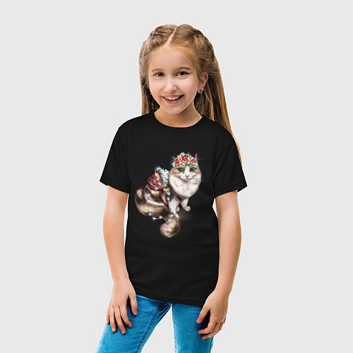 Детская футболка Кошечка с цветами / Черный – фото 4