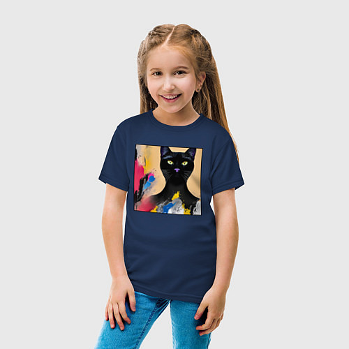 Детская футболка Черный кот из нейросети / Тёмно-синий – фото 4