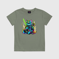 Футболка хлопковая детская Кот самурай - неон, цвет: авокадо