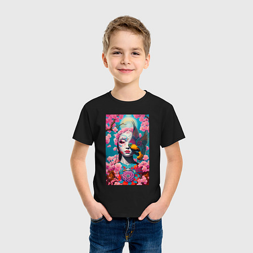 Детская футболка Японская девушка на фоне цветов - нейросеть / Черный – фото 3