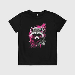 Футболка хлопковая детская Енот киберпанк, цвет: черный