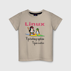Футболка хлопковая детская Линукс пингвин система, цвет: миндальный