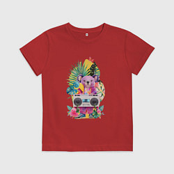 Футболка хлопковая детская Розовая коала с бумбоксом и тропическими листьями, цвет: красный